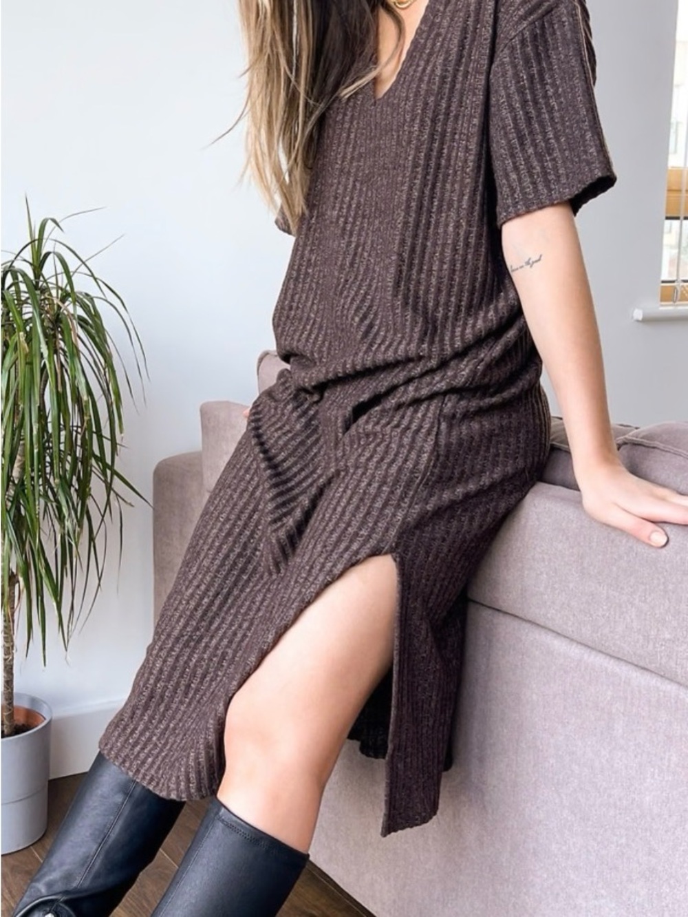 ASOS Brown Ribbed Midi Dress with Side Slit
